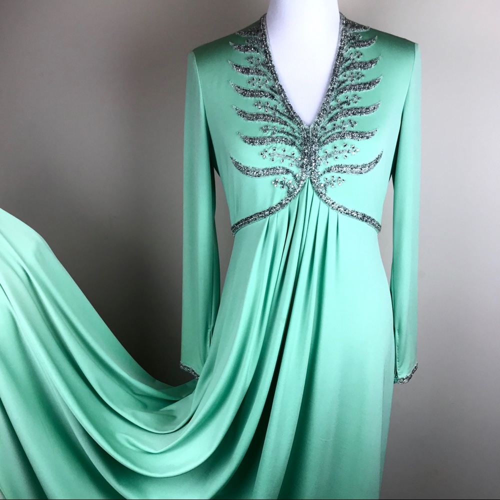 Lillie Rubin Vintage Green Crystal Embellished Gown Dress Knit Sustainable - Picture 1 of 8